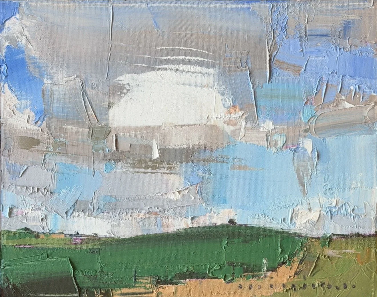 Grey Over Green 25 x 20cm framed oil on canvas $795