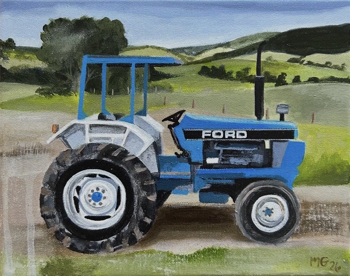 MELISSA GUEST Blue Ford Tractor 23 x 28cm framed acrylic on canvas $750