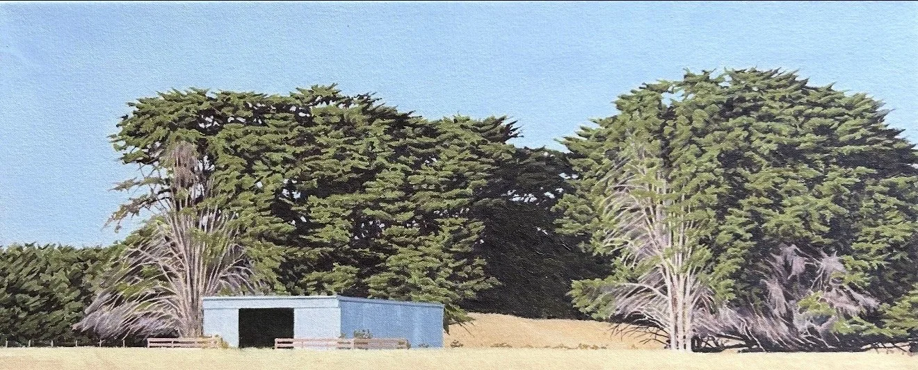MALCOLM GARTSIDE Shed With Void 25.5 x 61 cm oil on canvas $2200