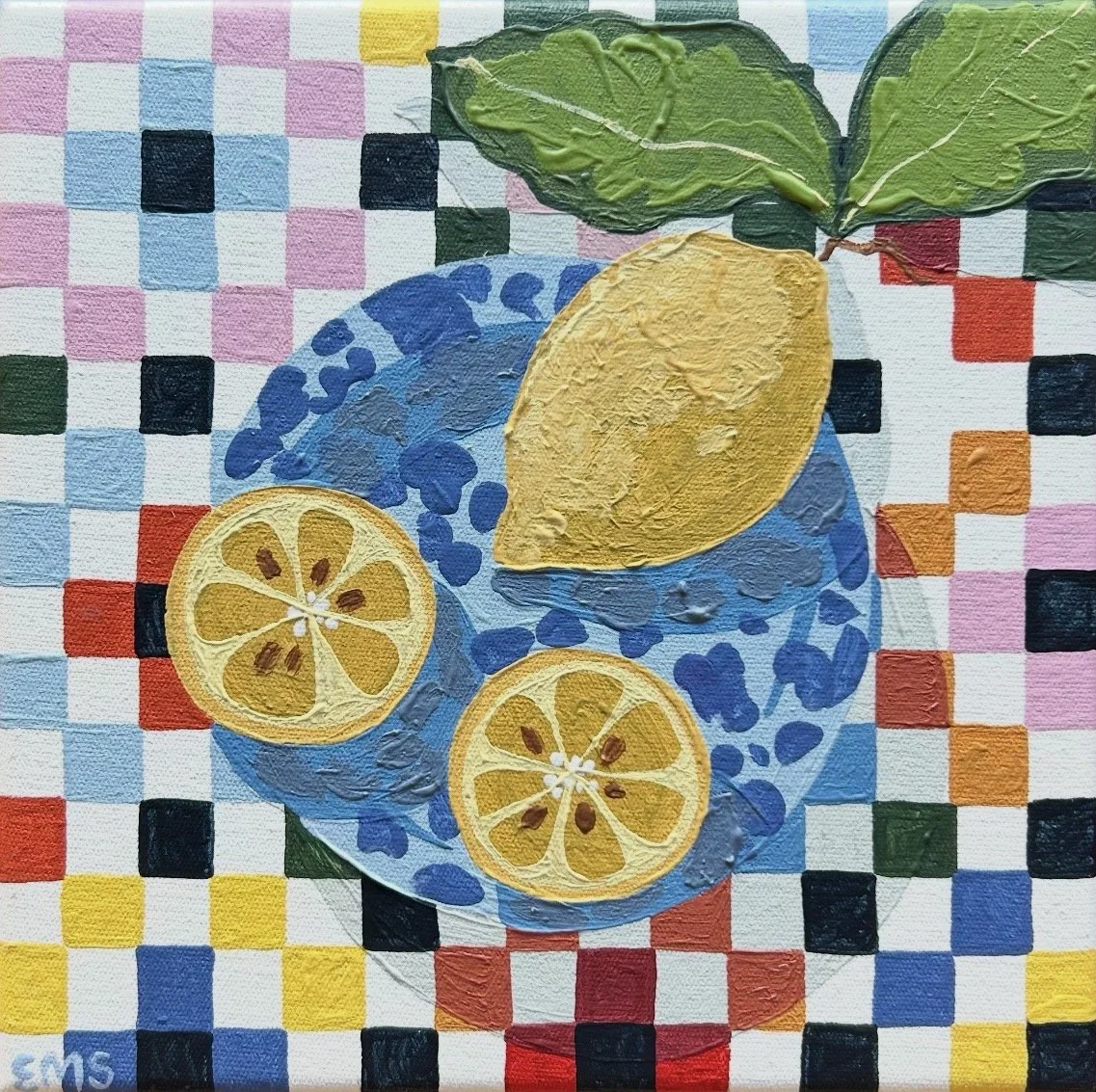 Lemons On Mosaic 20 x 20 cm framed acrylic on canvas $695