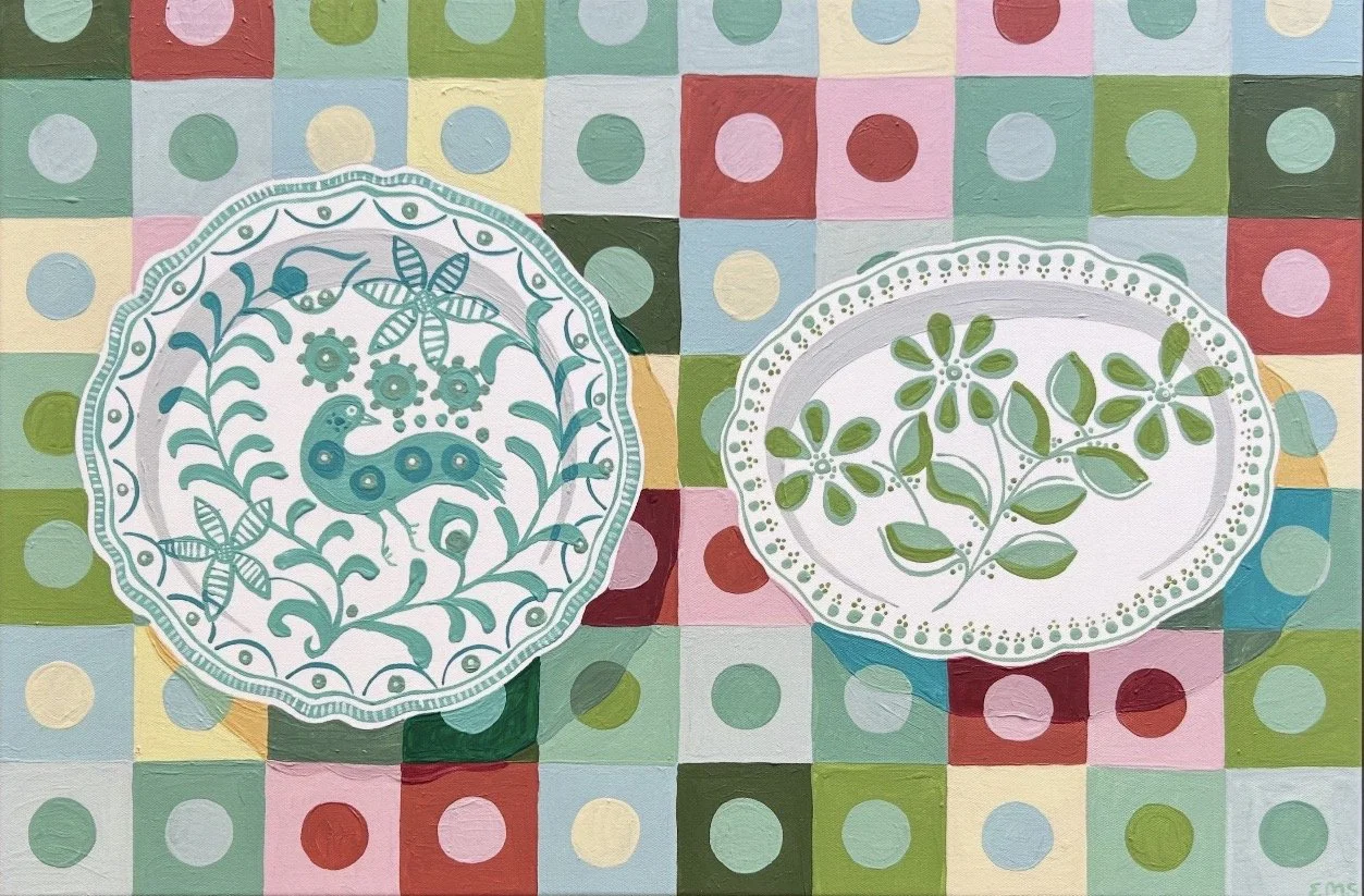 Granada Plates On Mod Check 60 x 40 cm framed acrylic on canvas $1495