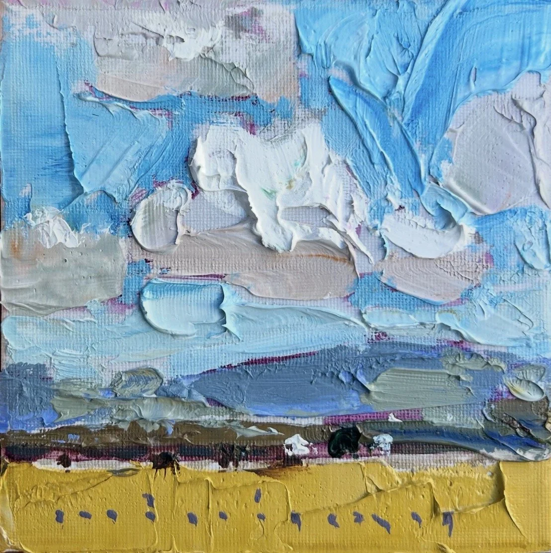 MINHAN CHO Gold and Blue Impasto 15 x 15 cm framed oil on board $695