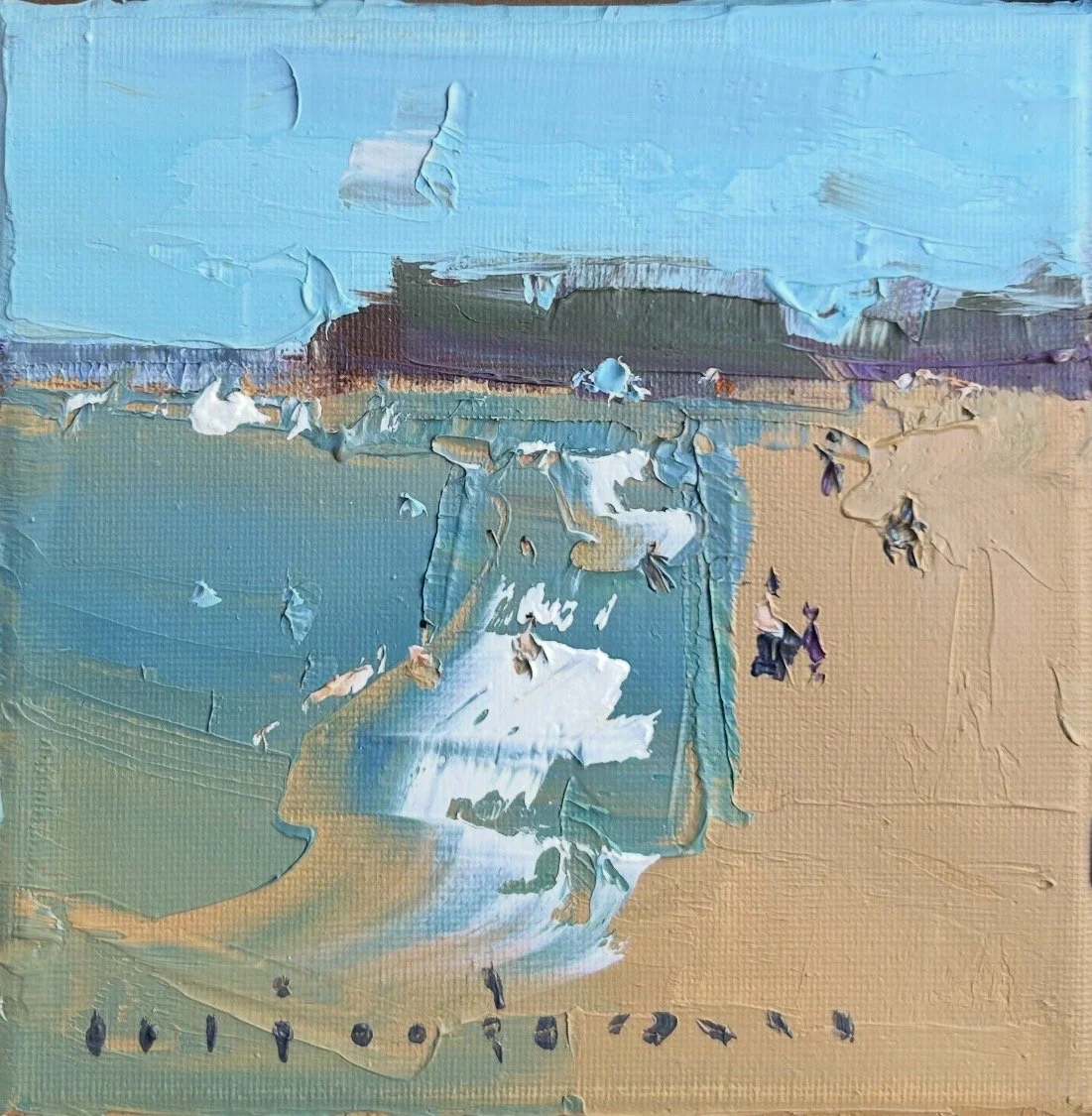 Ochre Sand, Turquoise Sea Redcliffe 15 x 15cm framed oil on canvas $695