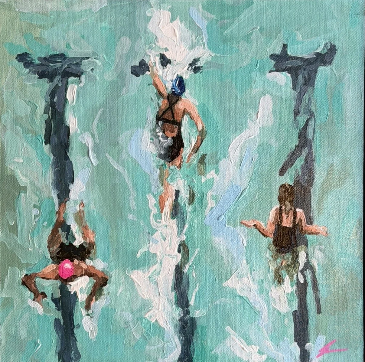 GINA DEBINKSI Pool Rhythm 30 x 30cm framed acrylic on canvas $950
