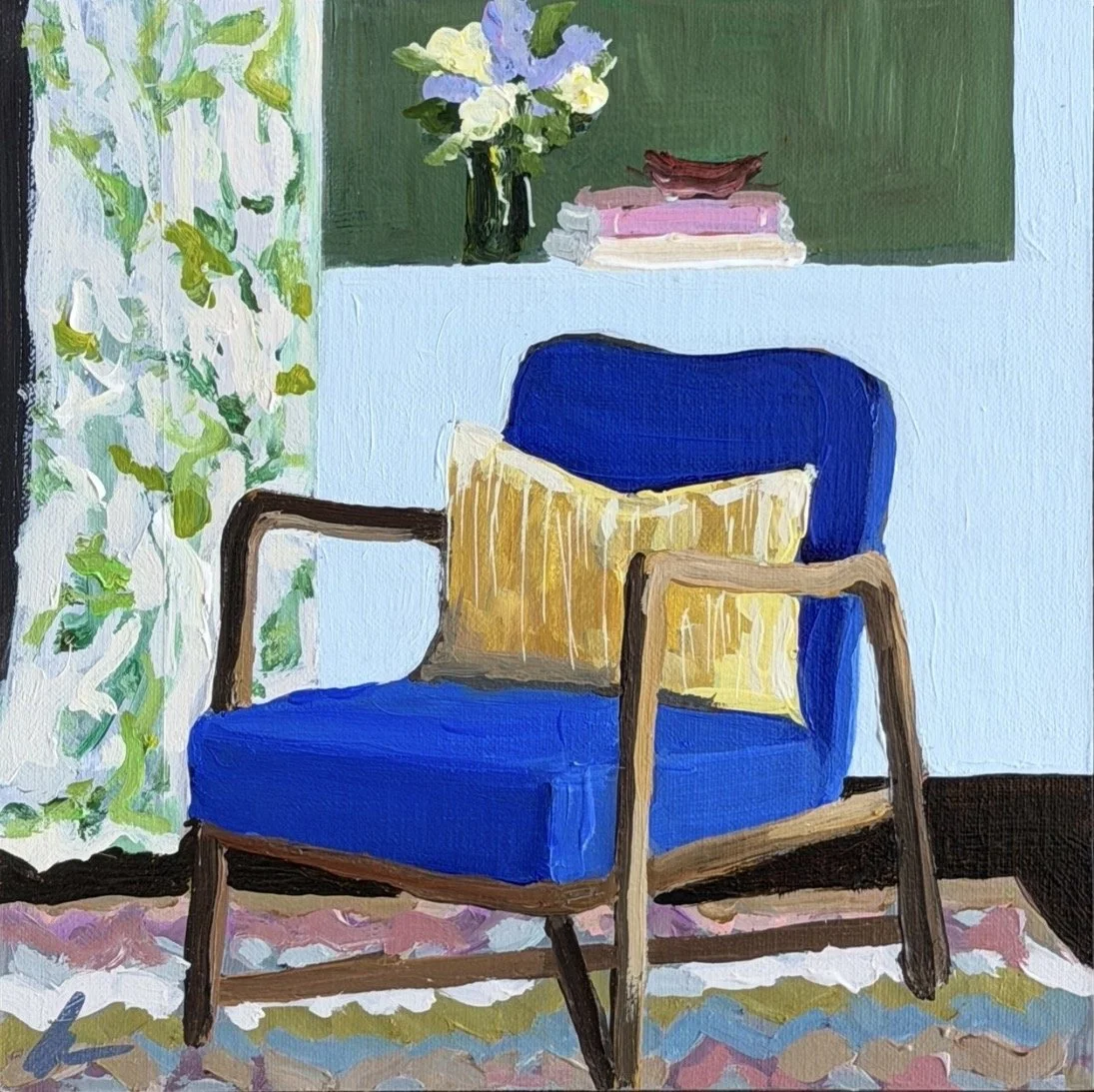 GINA DEBINSKI Blue Chair 20 x 20cm framed acrylic on board $725
