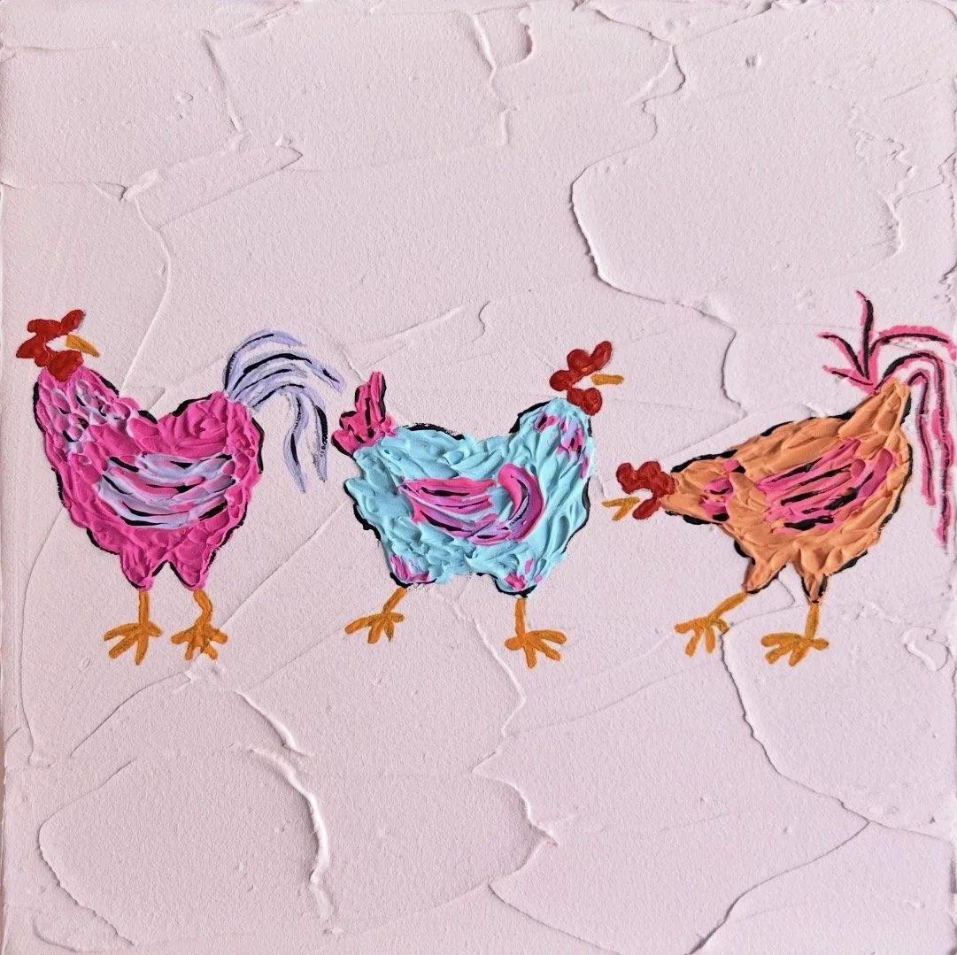 Three Chooks, No Clue 15 x 15cm framed acrylic on canvas $285