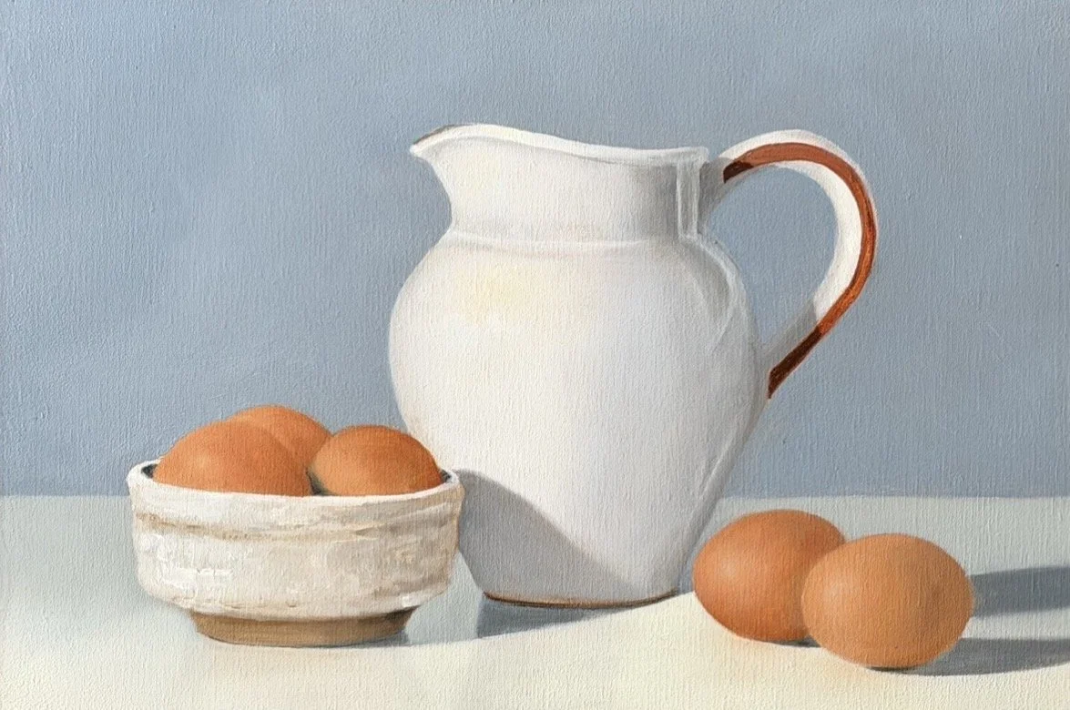 LYNDA McKAY Five Brown Eggs 30 x 20cm framed oil on panel $650