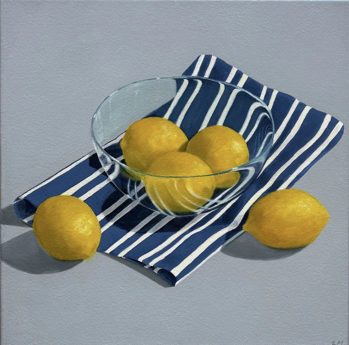LYNDA McKAY Bkue Stripes 40 x 40cm framed oil on canvas $950