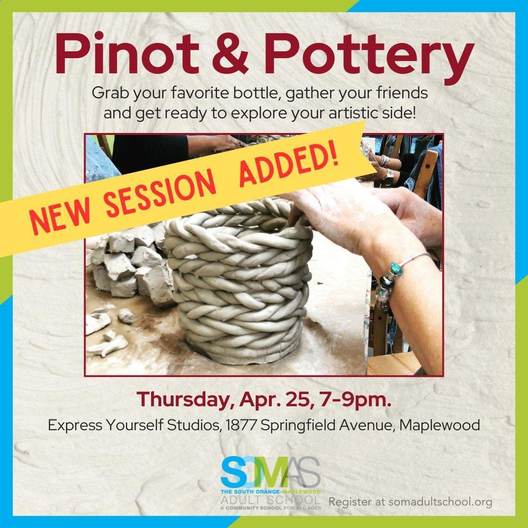 PINOT &amp; POTTERY
Thursday, Apr. 25, 7-9pm

Grab your favorite bottle, gather your friends and get ready to explore your artistic side! 
Takes place at Express Yourself Studios, 1877 Springfield Avenue, Maplewood

#southorangenj #maplewood #somadul