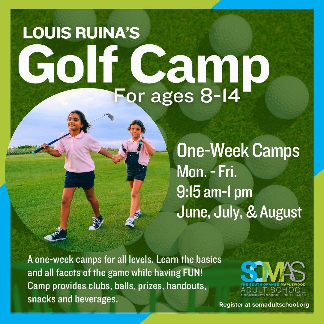 LOUIS RUINA'S GOLF CAMP
For ages 8-14

Each one-week (Monday-Friday) camp session will teach the proper mechanics to all levels of golfers. Learn the golf swing and other basics such as putting, short game, hybrids and woods. Campers will receive gol
