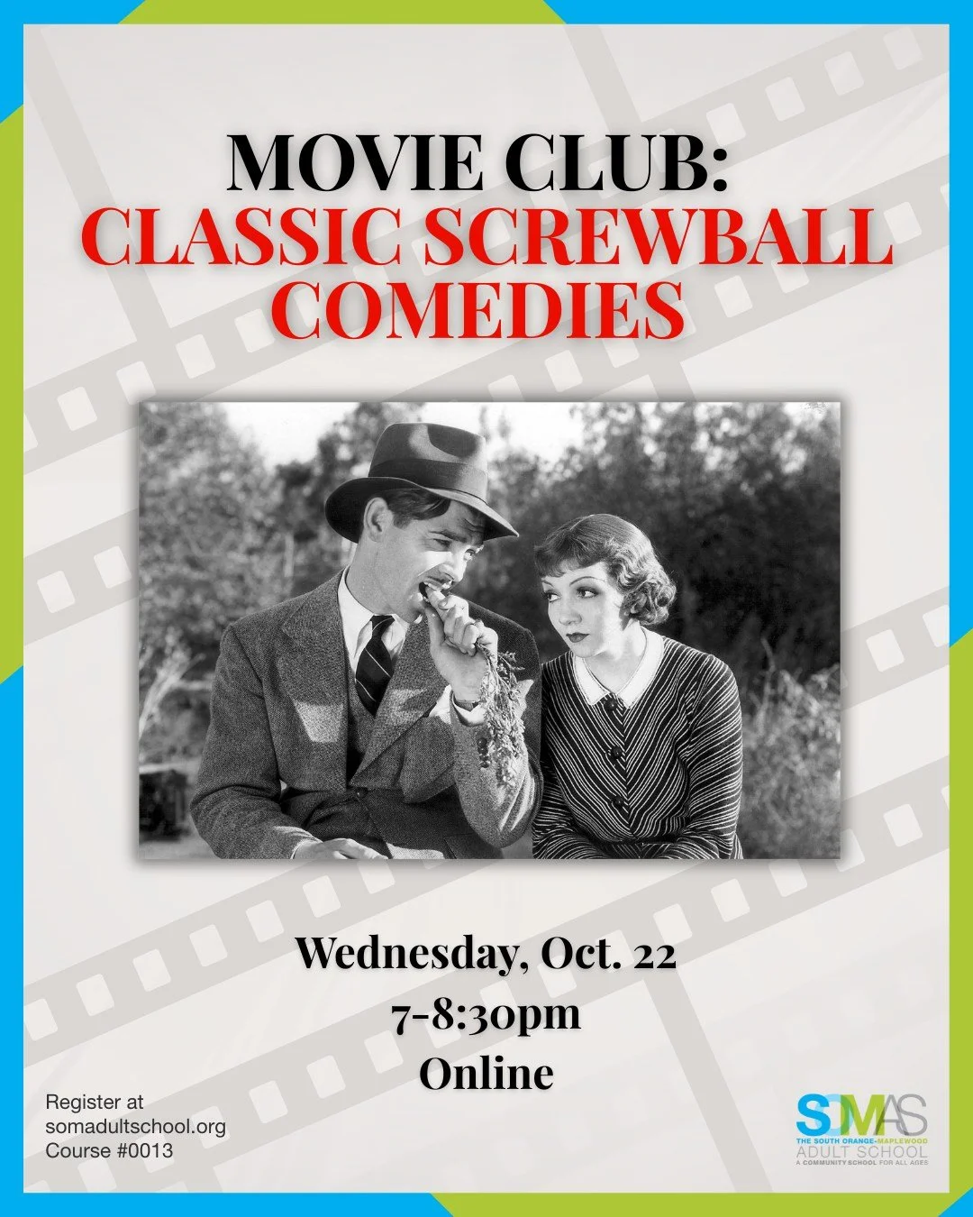 Starting this Wednesday, Oct 22: 

📽️ &quot;Movie Club: Classic Screwball Comedies&quot;

🧠 Executive Functions: The Challenges of ADHD&quot;

Don't miss out on these enriching classes starting soon. Register today at somadultschool.org!