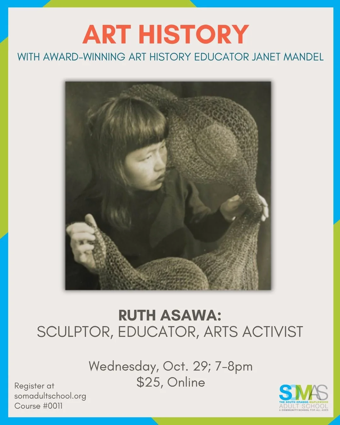 Art History with Janet Mandel returns on Oct. 29 with an exciting lecture on Ruth Asawa: American sculptor, educator, and arts activist.

Asawa is known for her extensive body of work including paintings, printmaking, public commissions, and especial