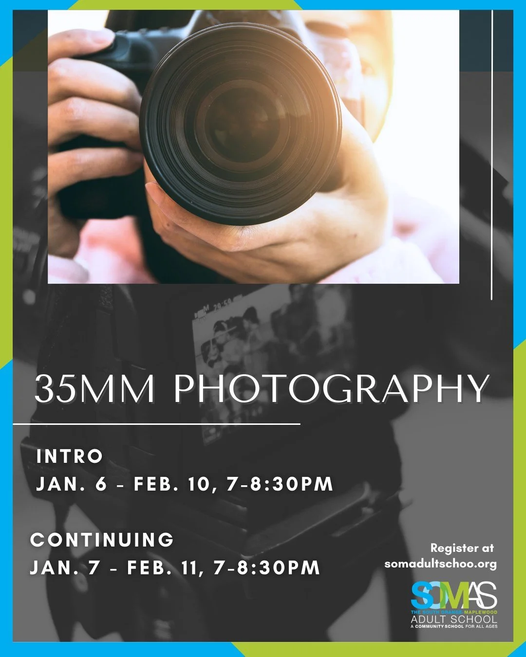 STARTING SOON: Our 35MM Photography Classes return on Jan. 6! 

Choose from our intro or continuing course! Learn to take pictures on film and then watch your images come to life in our traditional darkroom. Learn about photo composition, 35mm camera