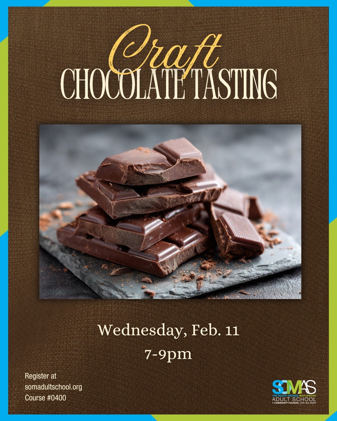 Coming Soon: Join us for "Craft Chocolate Tasting" on Wednesday, Feb. 11 🍫

Savor rare, exquisite, and ethically sourced chocolate bars from around the globe with chocolate sommelier Nadine Kerstan! Indulge in generous samples of six disti