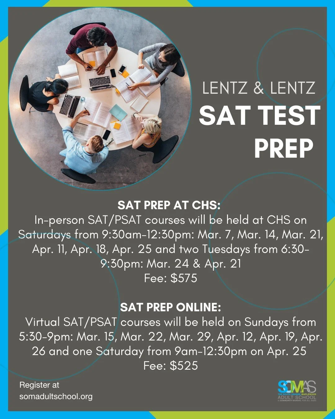 Lentz &amp; Lentz SAT Prep begins on Mar. 7! Choose from in-person and virtual sessions taught by expert instructors. 

This program supports students of all ability levels with a balanced mix of English SAT prep, advanced and shortcut math, vocabula
