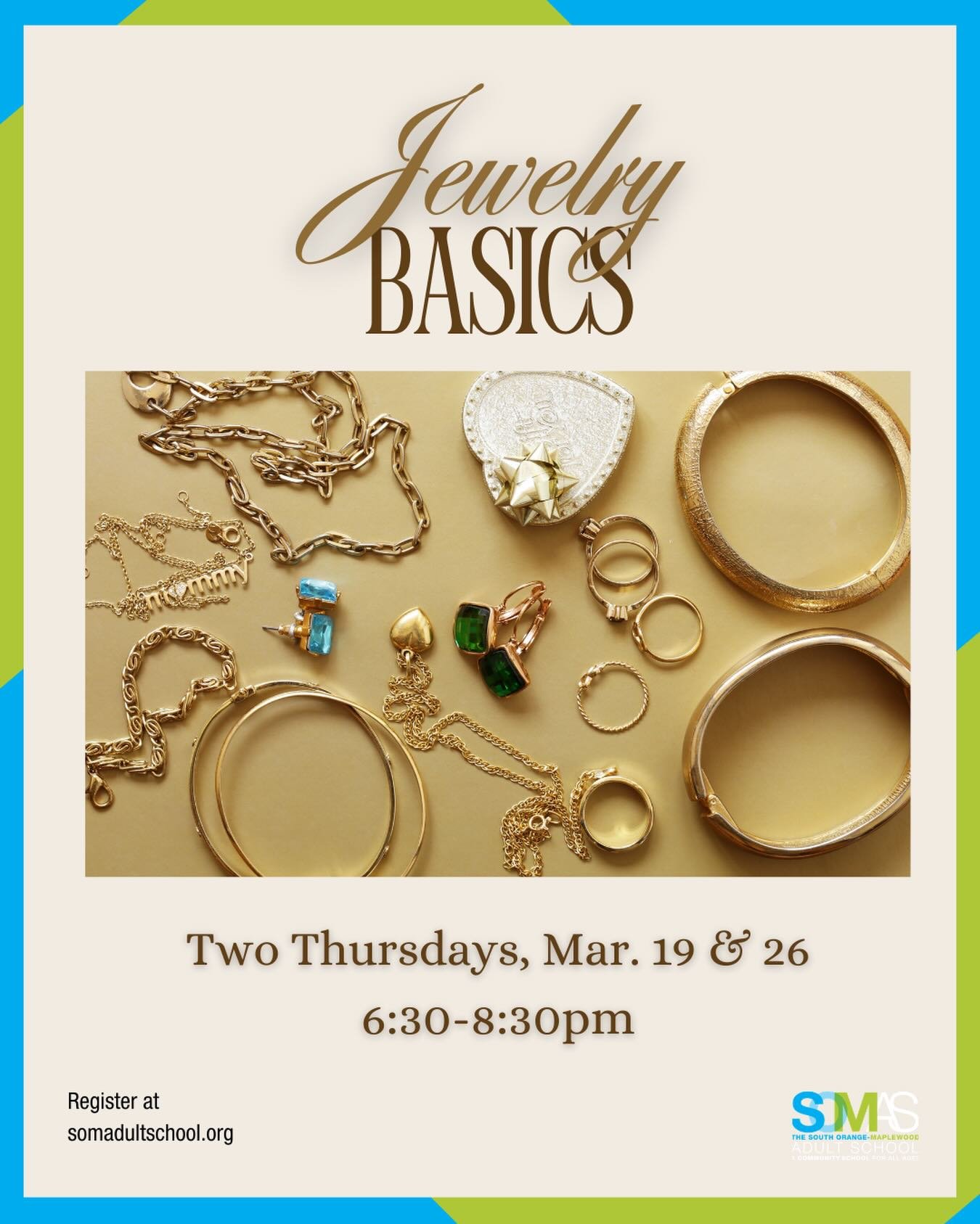 DON&rsquo;T MISS: &ldquo;Jewelry Basics&rdquo; starting Mar. 19 💍

Learn the basics needed for making your own jewelry and have fun in the process! Register today at somadultschool.org!