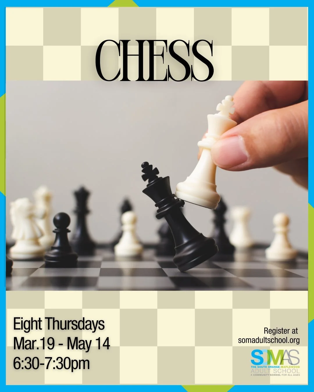 STARTING SOON: Chess on Mar. 19! 

Have you always wanted to learn chess? Join our new class and learn the fundamentals of the iconic game! Students will be taught about the history of Chess in addition to the object of the game and how the pieces mo