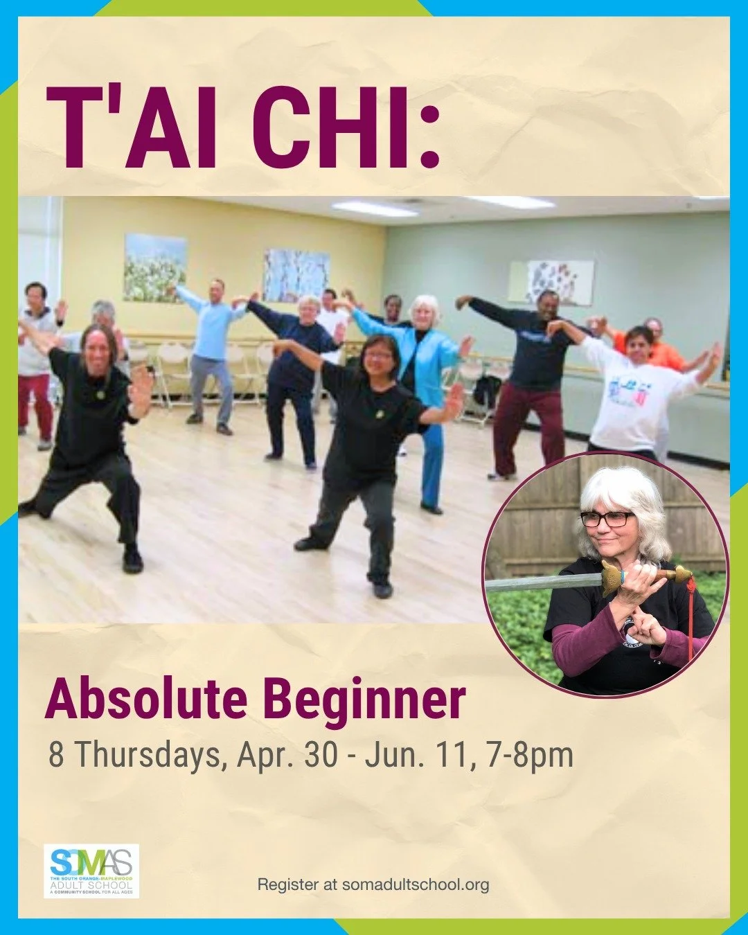 JUST ADDED: T'ai Chi Absolute Beginner. Join our Apr. 30-Jun. 11 session! 

A dance, a meditation, an exercise, this ancient Chinese art has tremendous health benefits. It increases strength, flexibility, circulation and balance while reducing stress