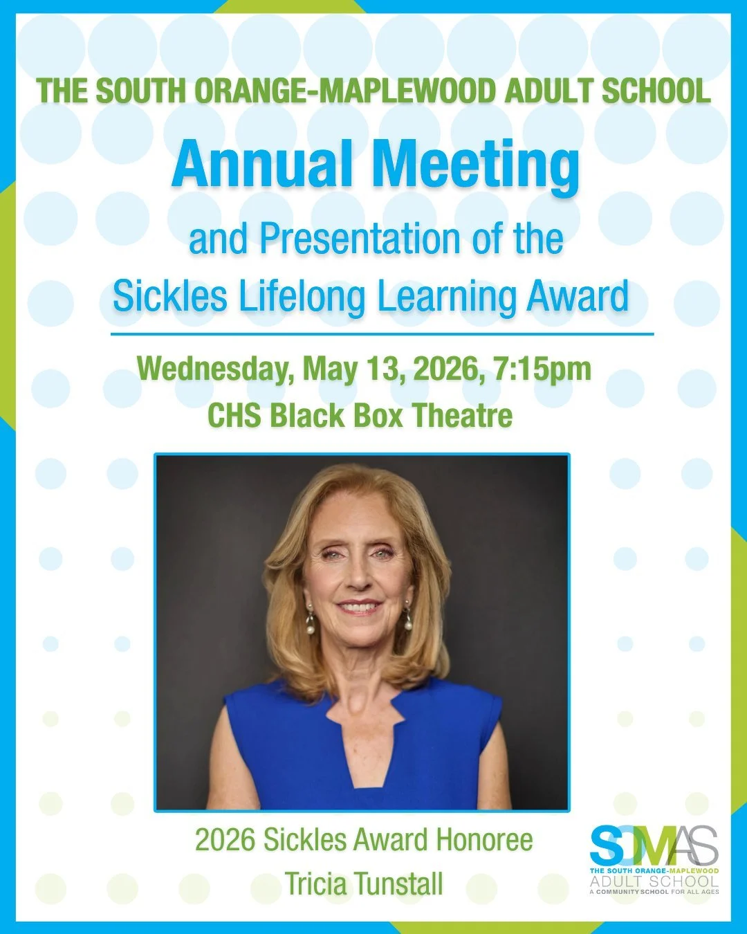 Join us Wednesday, May 13 at 7:15 pm for our Annual Meeting. All are welcome to attend! 

We are honored to present music educator and writer, Tricia Tunstall, with the Gus &amp; Thelma Sickles Lifelong Learning Award. The presentation of the award w