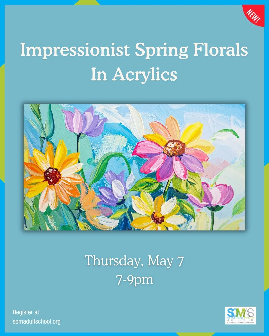 NEW: Impressionist Spring Florals in Acrylics on Thursday, May 7 🌸

Students create spring florals through an impressionist lens. Rather than aiming for precision or realism, participants learn to build expressive floral compositions using loose bru