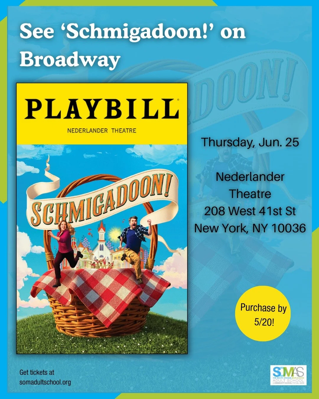 Get tickets for the Tony-nominated show "Schmigadoon!" at our special group rate! 

@schmigadoon is a New York Times Critic&rsquo;s Pick and an &ldquo;uproarious, high-energy, delicious sundae.&rdquo; 

Welcome to Schmigadoon&mdash;the magi