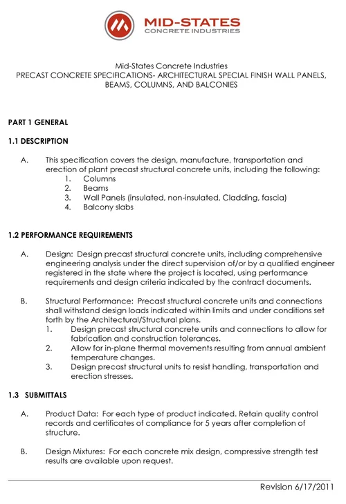 Specifications Mid States Concrete Industries