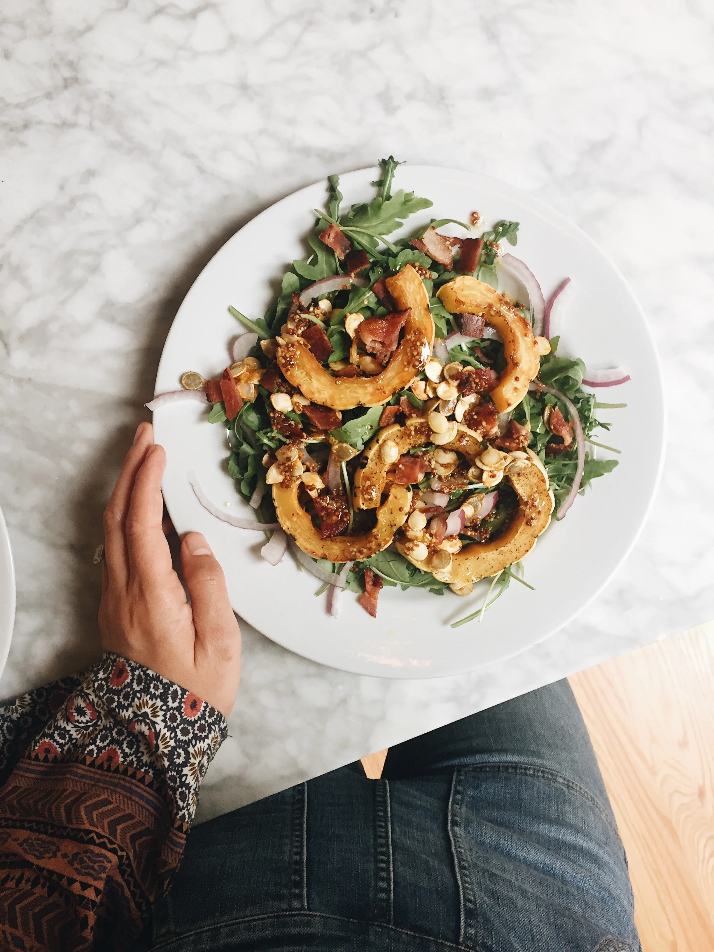Delicata Squash Salad with Arugula, Bacon + Red Onion