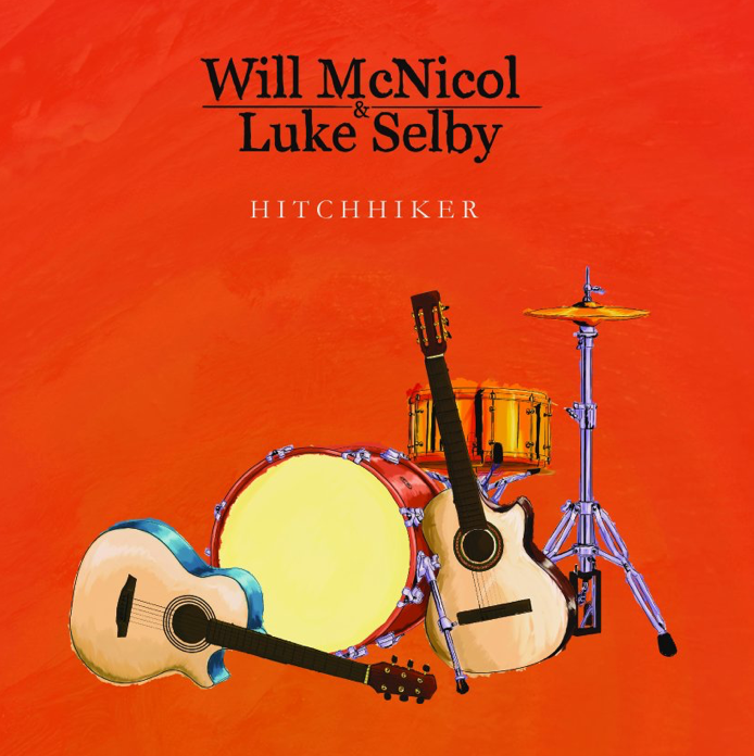Album cover for Will McNicol & Luke Selby Hitchhiker featuring illustrations of musical instruments on a red background.
