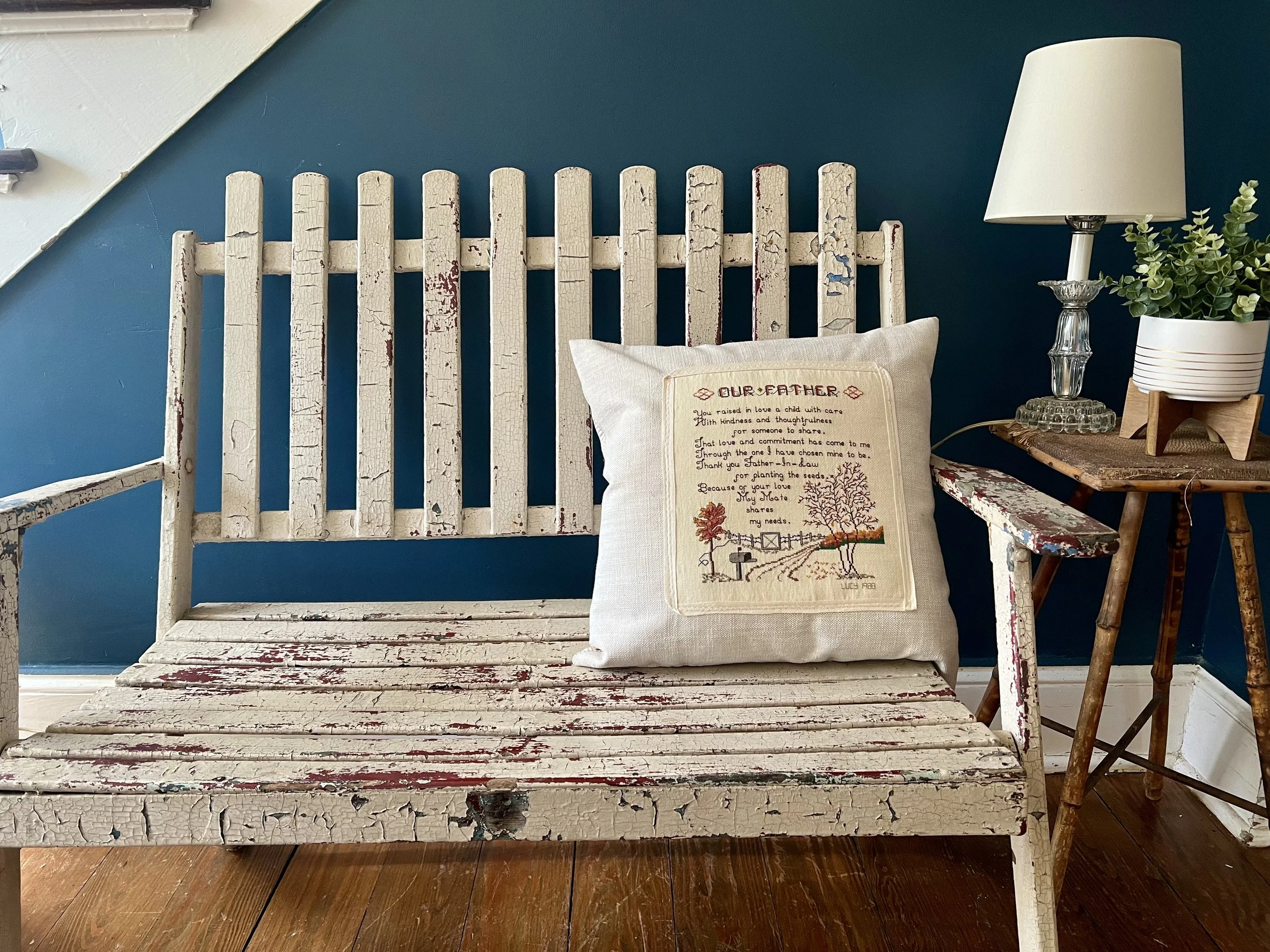 Vintage "Father" sampler decorative pillow