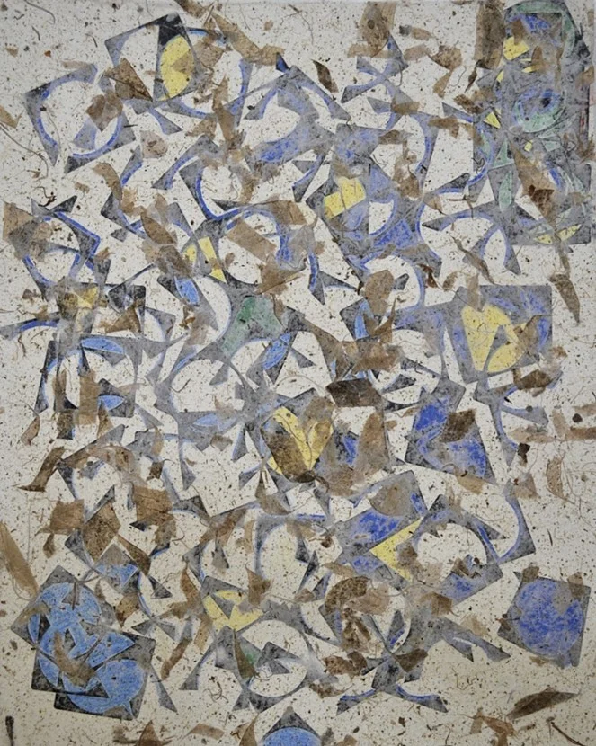 Cold pressed collage board; thai kozo paper embossed mango; repurposed “wastestream” stock; gloss medium varnish 20" X 15"