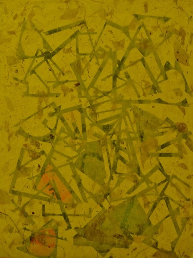 Cold pressed collage board; thai kozo paper embossed mango; repurposed “wastestream” stock; gloss medium varnish 20" X 15"