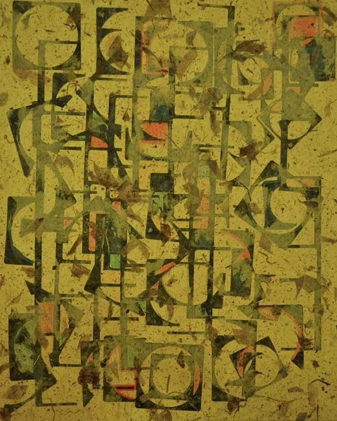 Cold pressed collage board; thai kozo paper embossed mango; repurposed “wastestream” stock; gloss medium varnish 20" X 15"