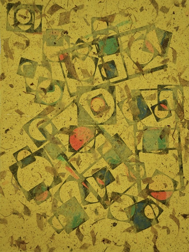 Cold pressed collage board; thai kozo paper embossed mango; repurposed “wastestream” stock; gloss medium varnish 20" X 15"