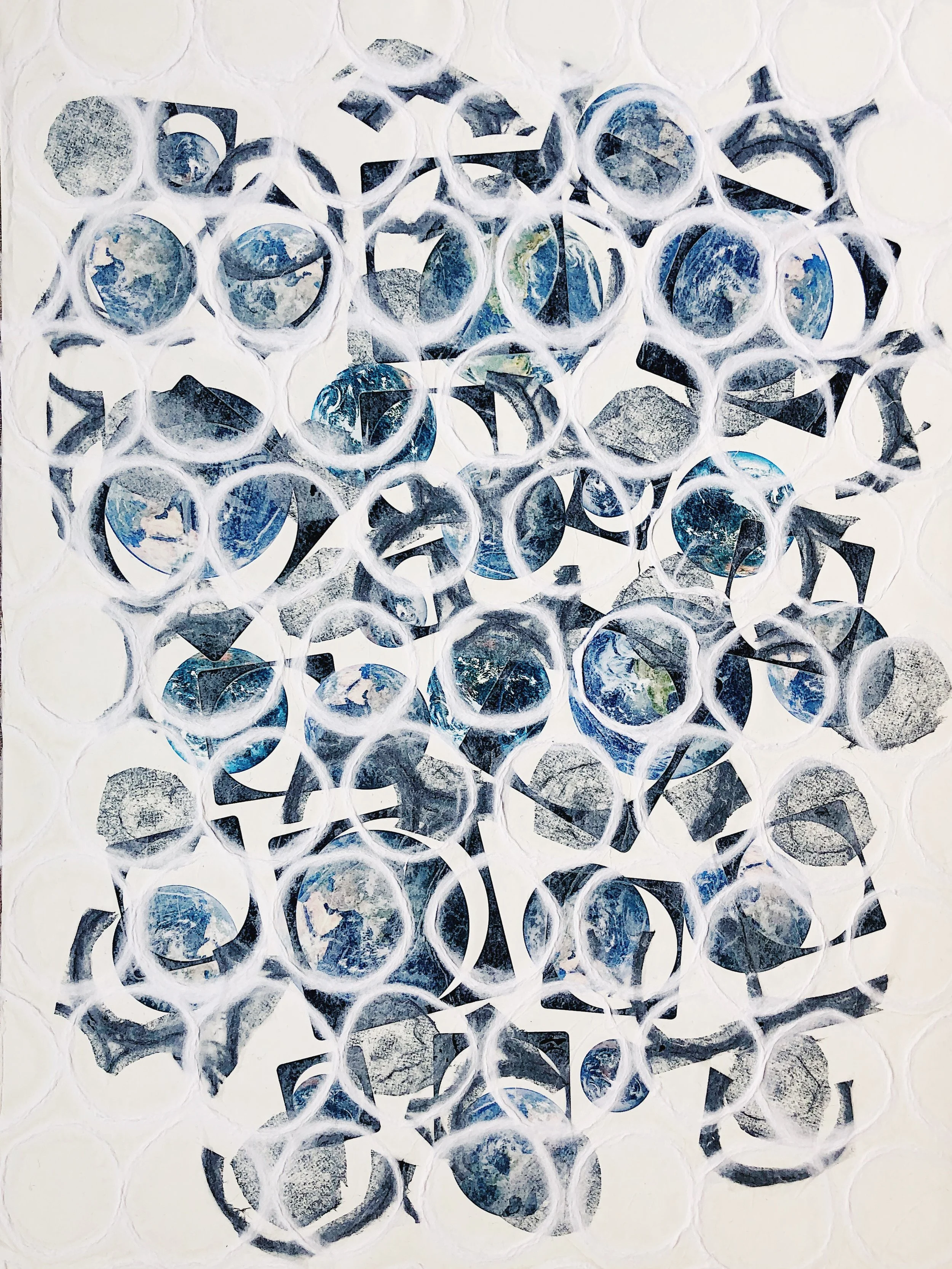 Cold pressed collage board; re-purposed “wastestream” stock; handmade, mulberry papers; neutral ph adhesives. 15” x 20”