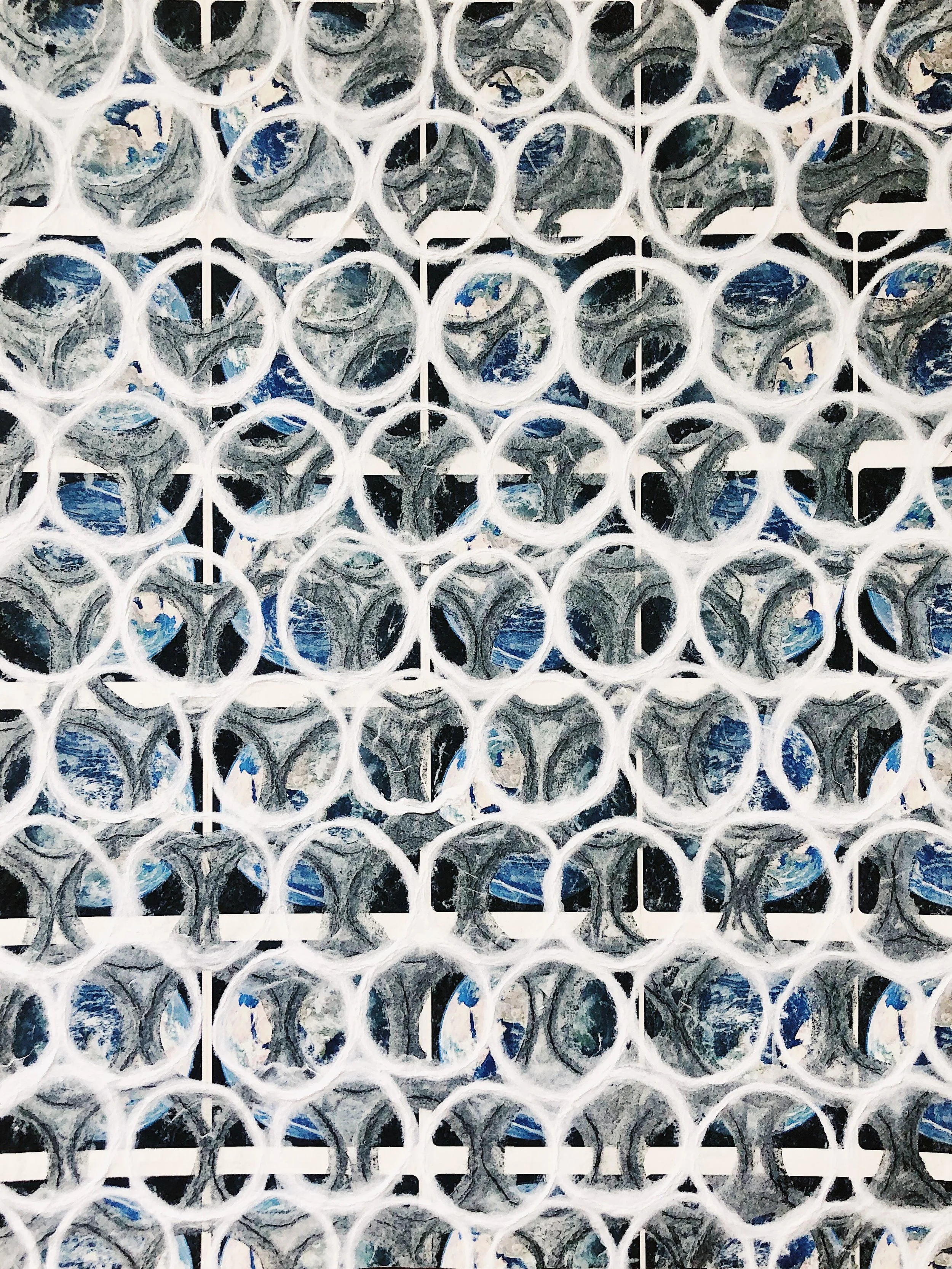 Cold pressed collage board; re-purposed “wastestream” stock; handmade, mulberry papers; neutral ph adhesives. 15” x 20”