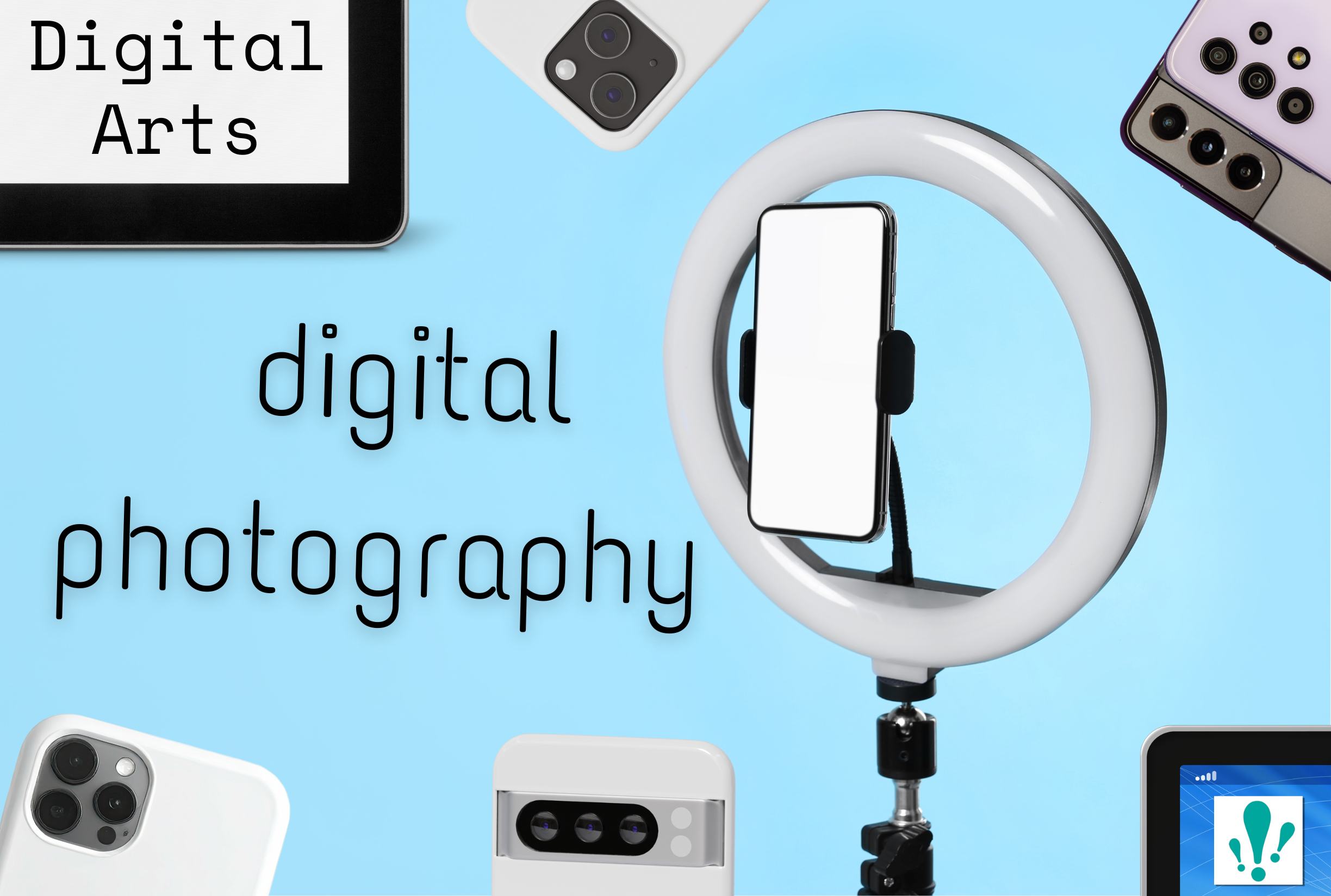 Summer camp flyer featuring camera phones and a ring light advertising digital photography camp.