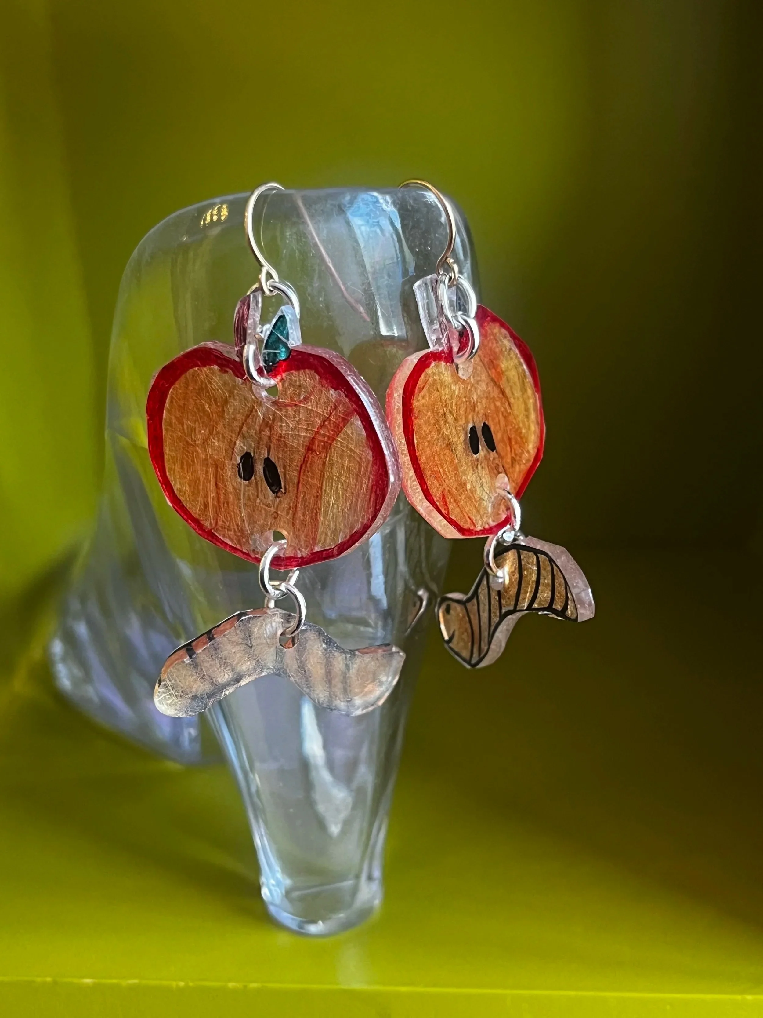 Apple and Worm Earrings by Juniper W. , age 9