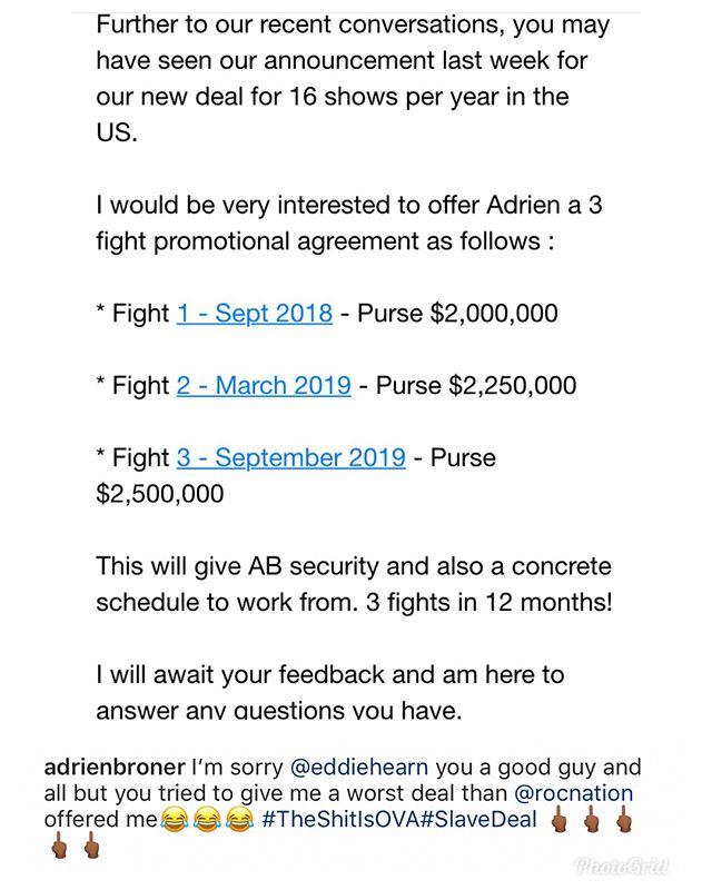 @eddiehearn makes @adrienbroner a 3 fight a year deal and this is how AB responds publicly. @ishe_sugarshay_smith has his take on AB&rsquo;s post.
Do you agree? #adrienbroner #Boxing