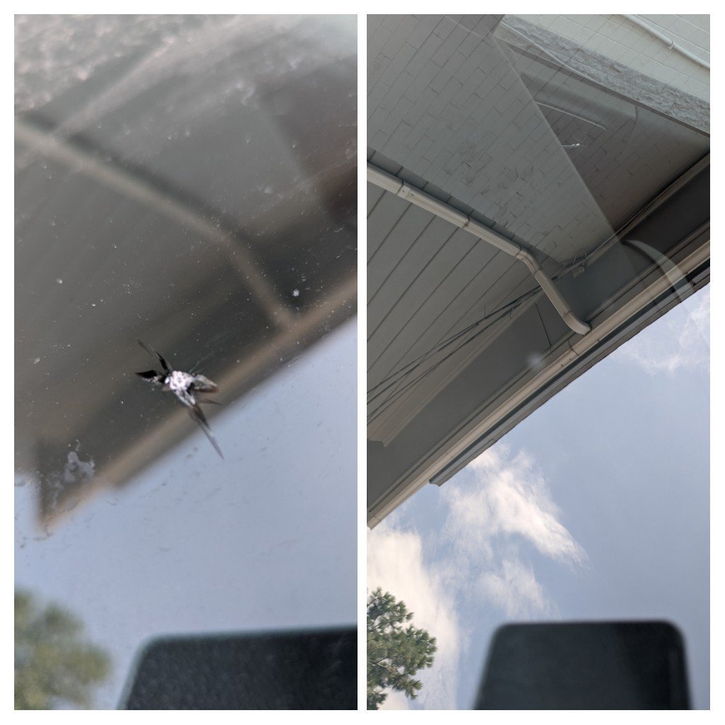 Rock chip repair before and after repair. We provide mobile windshield repair for rock chips and cracked windshields up to 18 in in length 

We come out to our customers location within our service areas 

You can book appointments online at any time