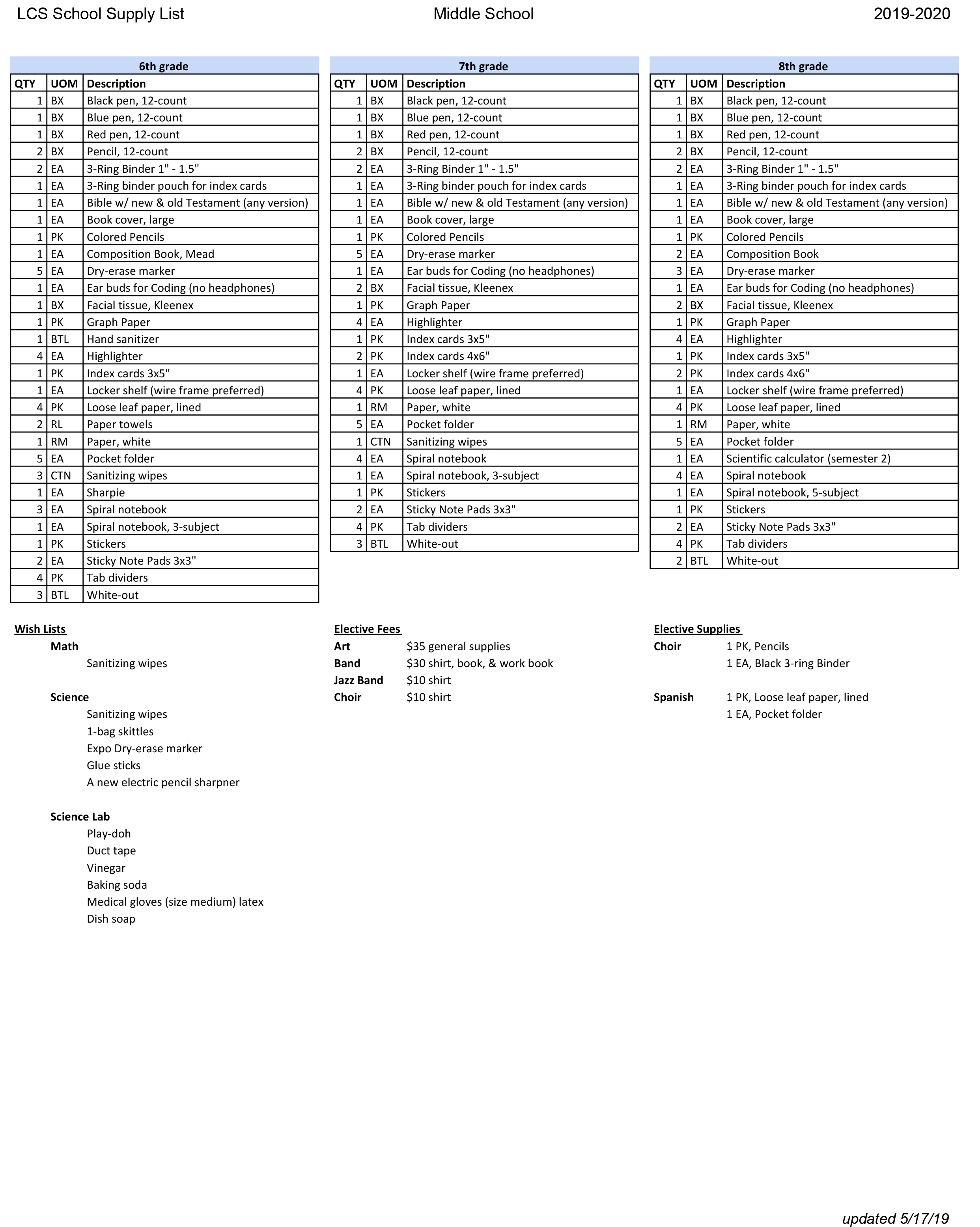 Class Supply Lists PreK , MS 2019,2020 \u2014 Longmont Christian