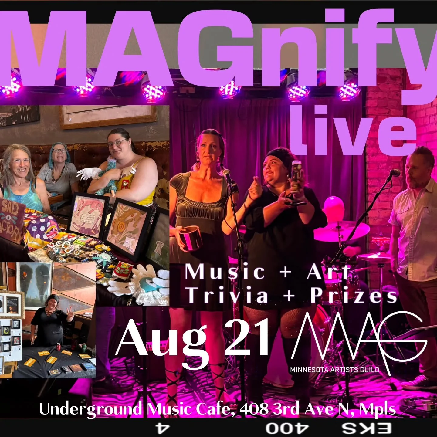 Tomorrow night!
MAGnify Live @ Underground Music Cafe. Doors @ 6 pm. Come by and see 47th and other local artists &amp; musicians &plusmn; trivia and prizes!
Tickets here... https://dice.fm/event/nvo3pq-magnify-live-21st-aug-underground-music-venue-c