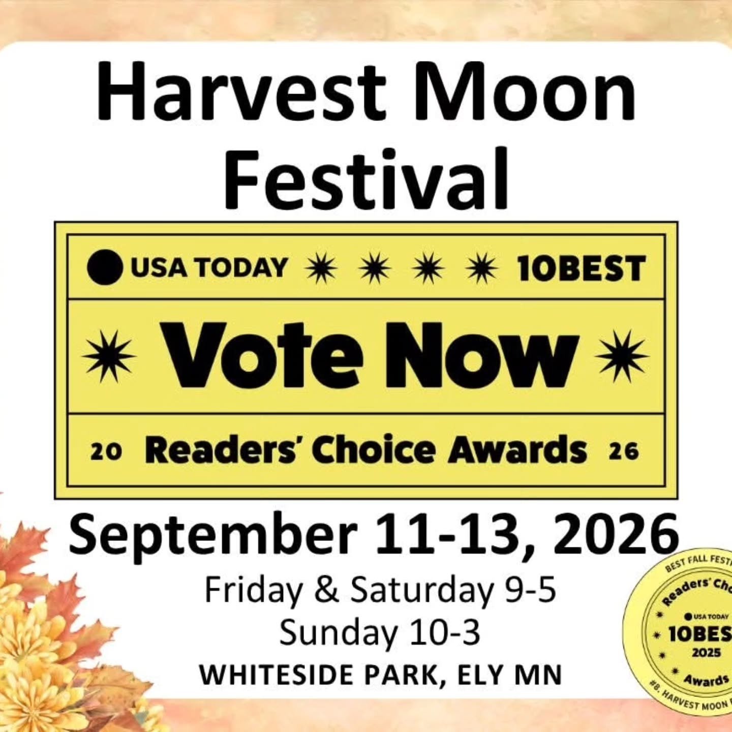 Next stop, Ely! For the fourth consecutive year Harvest Moon Festival has been nominated for USA Today's Best Fall Festival award and it just happens to be my next show. If you've never been, it's worth the trip.
Stay tuned for booth details and a sn