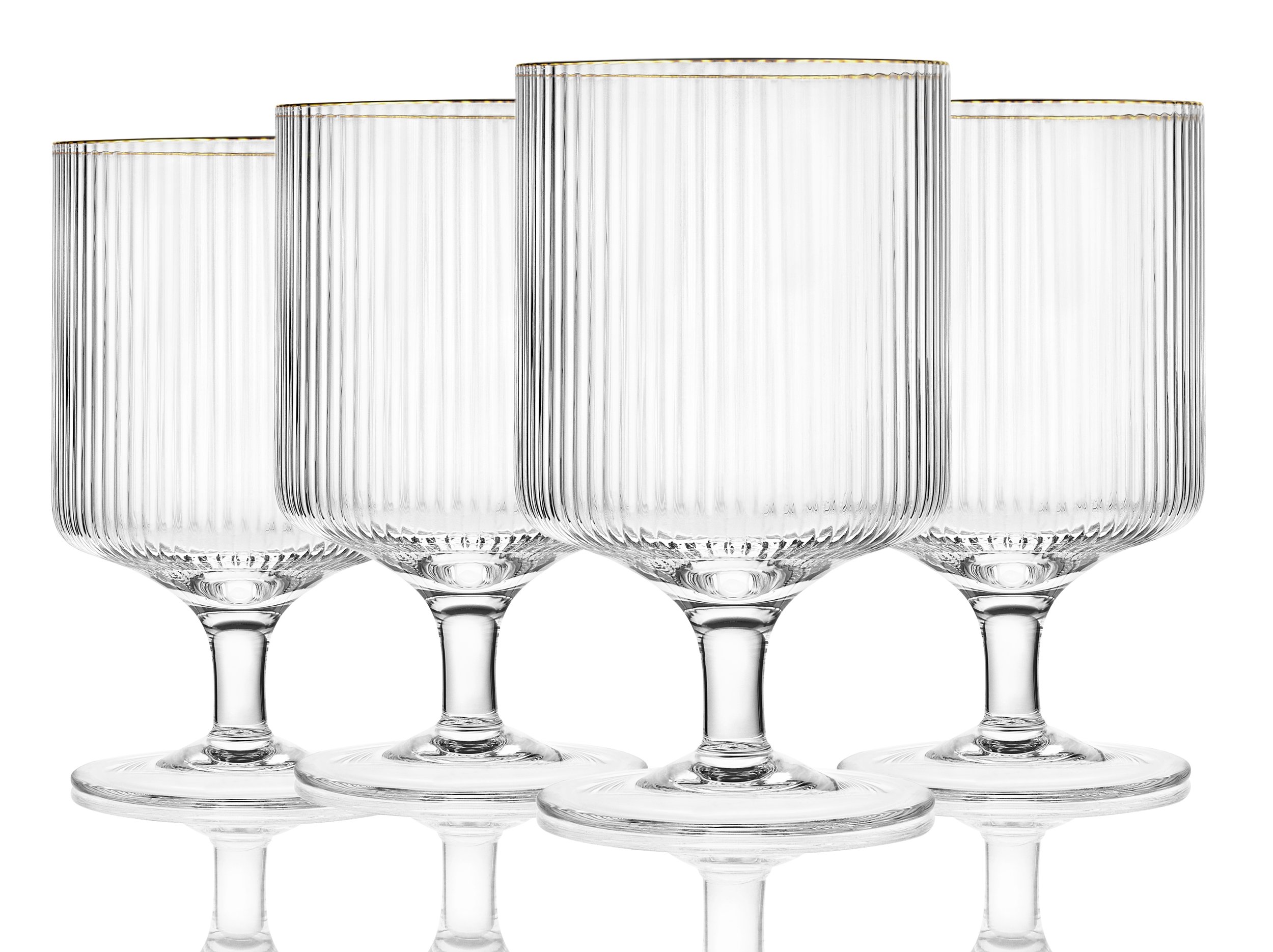 Stemmed Fluted Drinking Glass Clear + Thin Gold Rim Set of 4