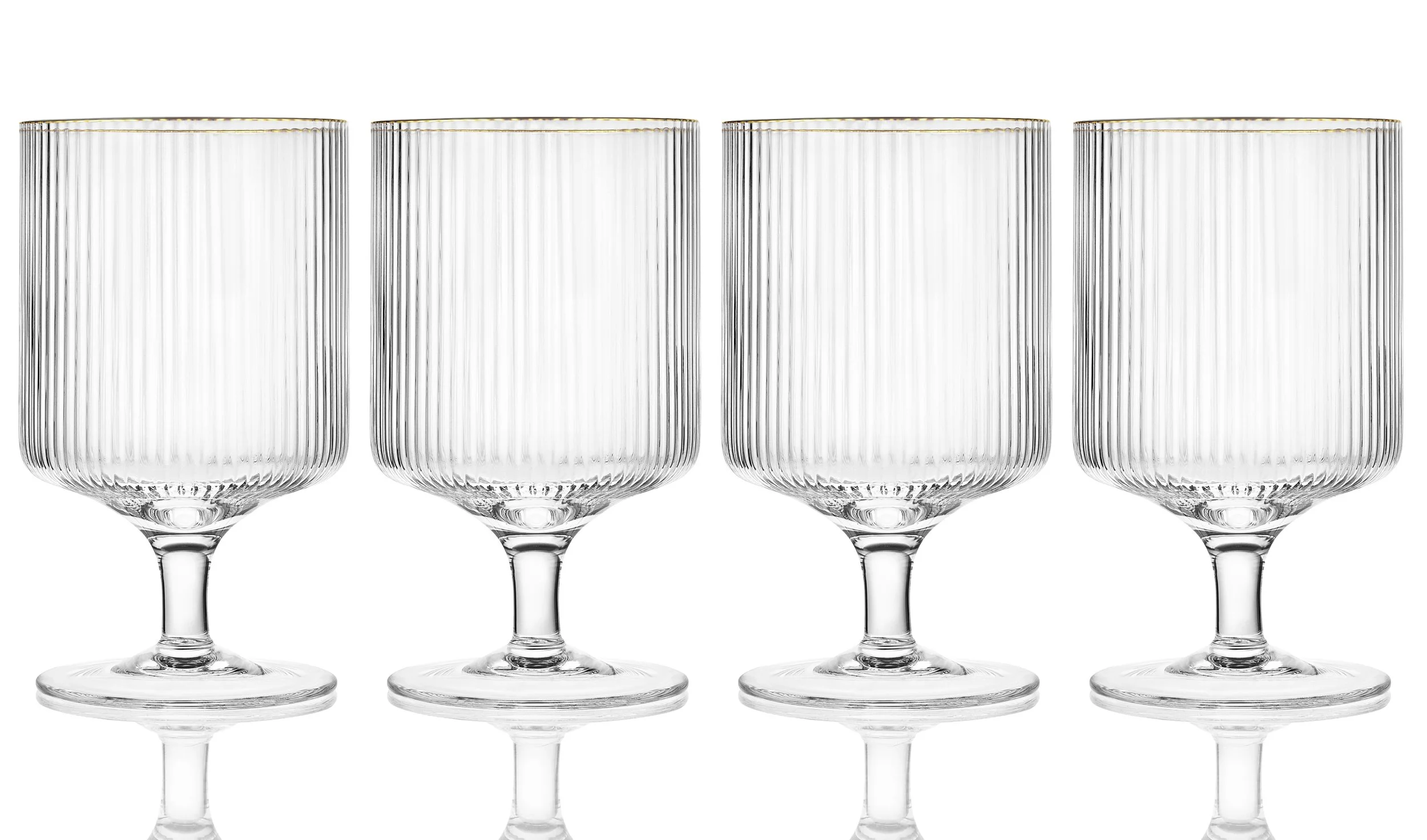 Stemmed Fluted Drinking Glass Clear + Thin Gold Rim Set of 4