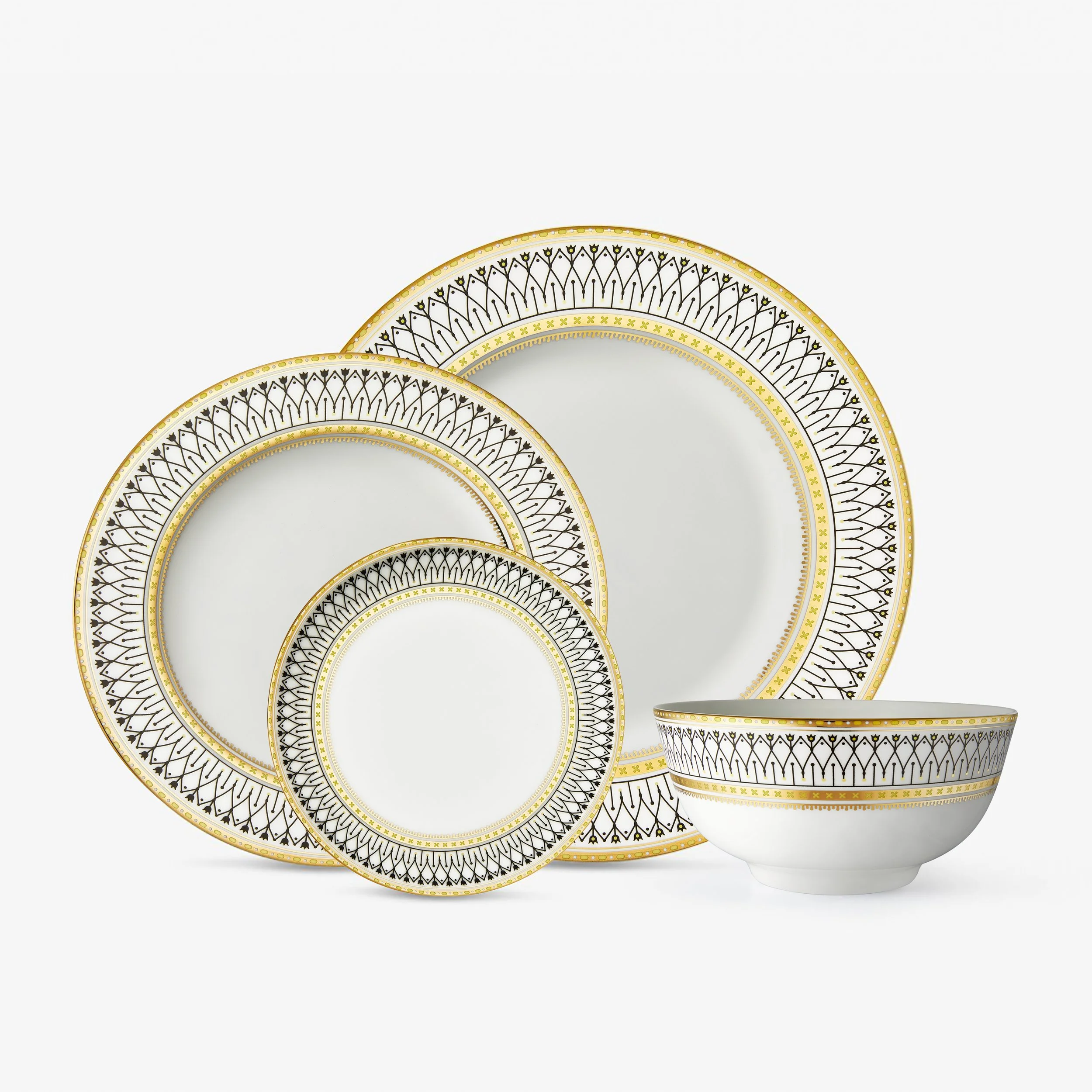 Bone China Dinnerware - 16 PC Set - Black Tulip + Gold Rim
