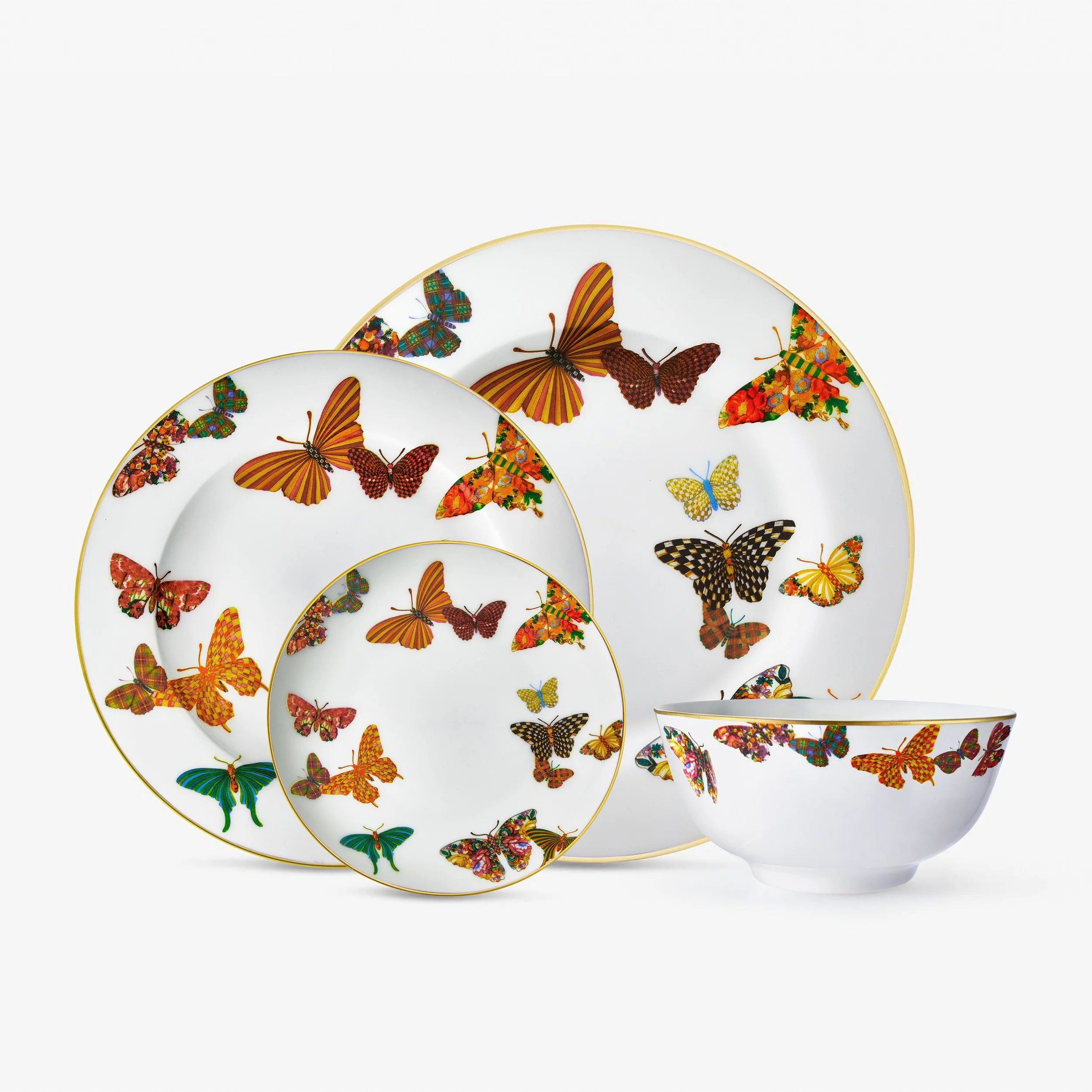 Bone China Dinnerware - 16 PC Set - Butterfly + Gold Rim