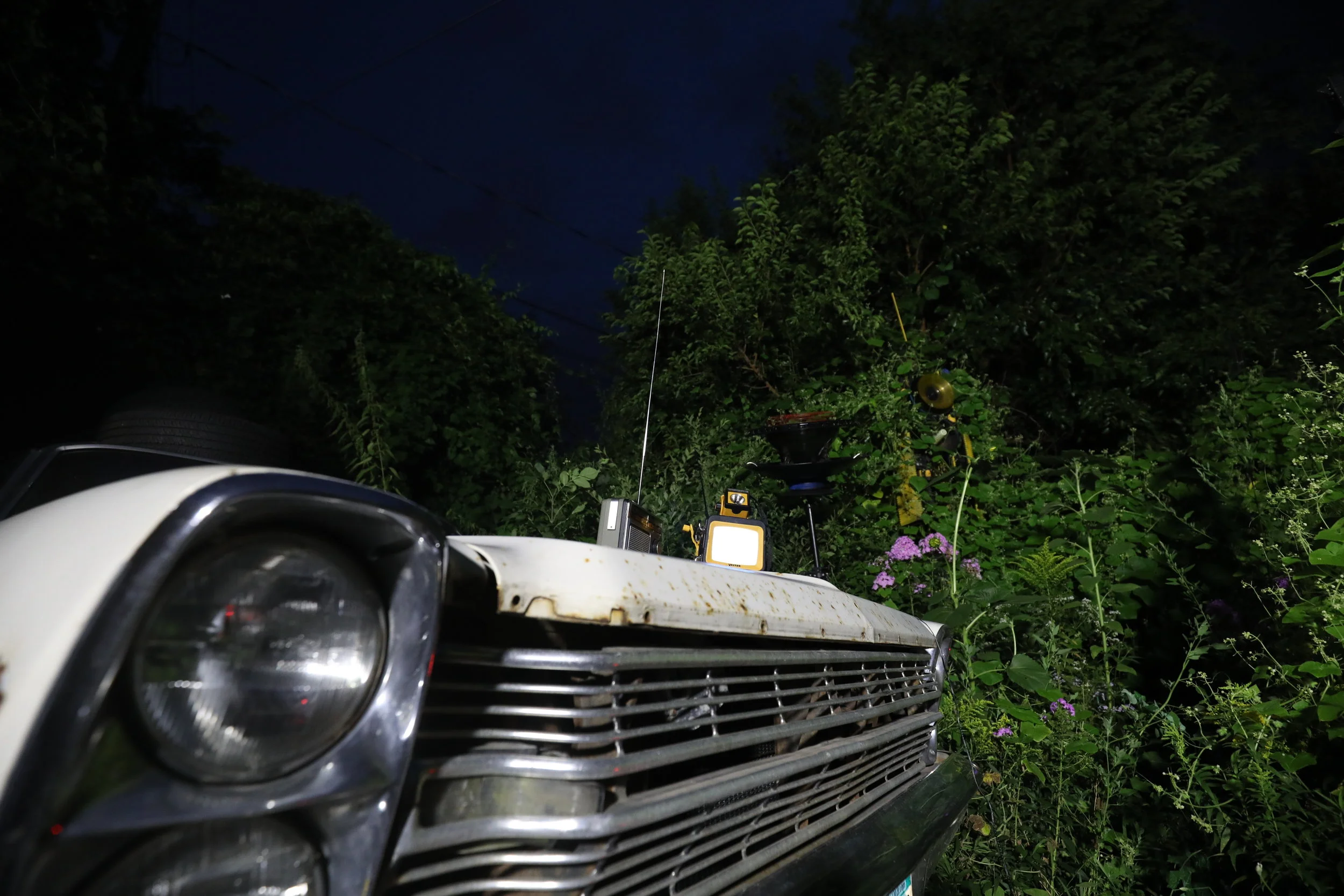 Close-up of a vintage car's front grille and headlight, with a camera and electronic device on the car's hood, surrounded by lush green plants and purple flowers at night.