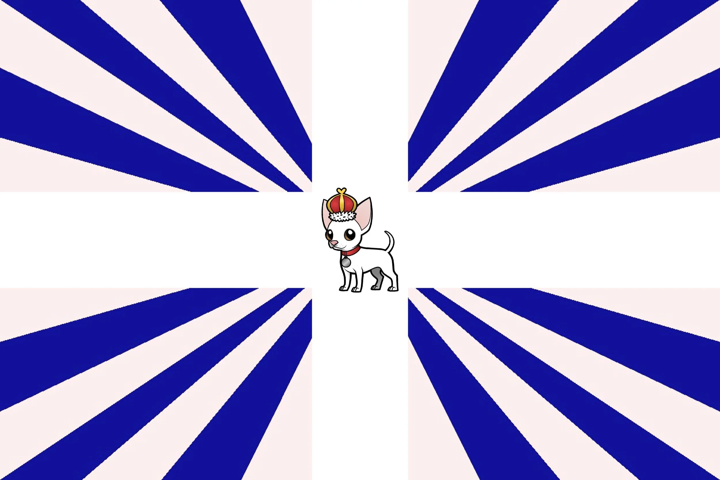 A cartoon dog wearing a crown and necklace stands against a background of blue and white radial stripes.
