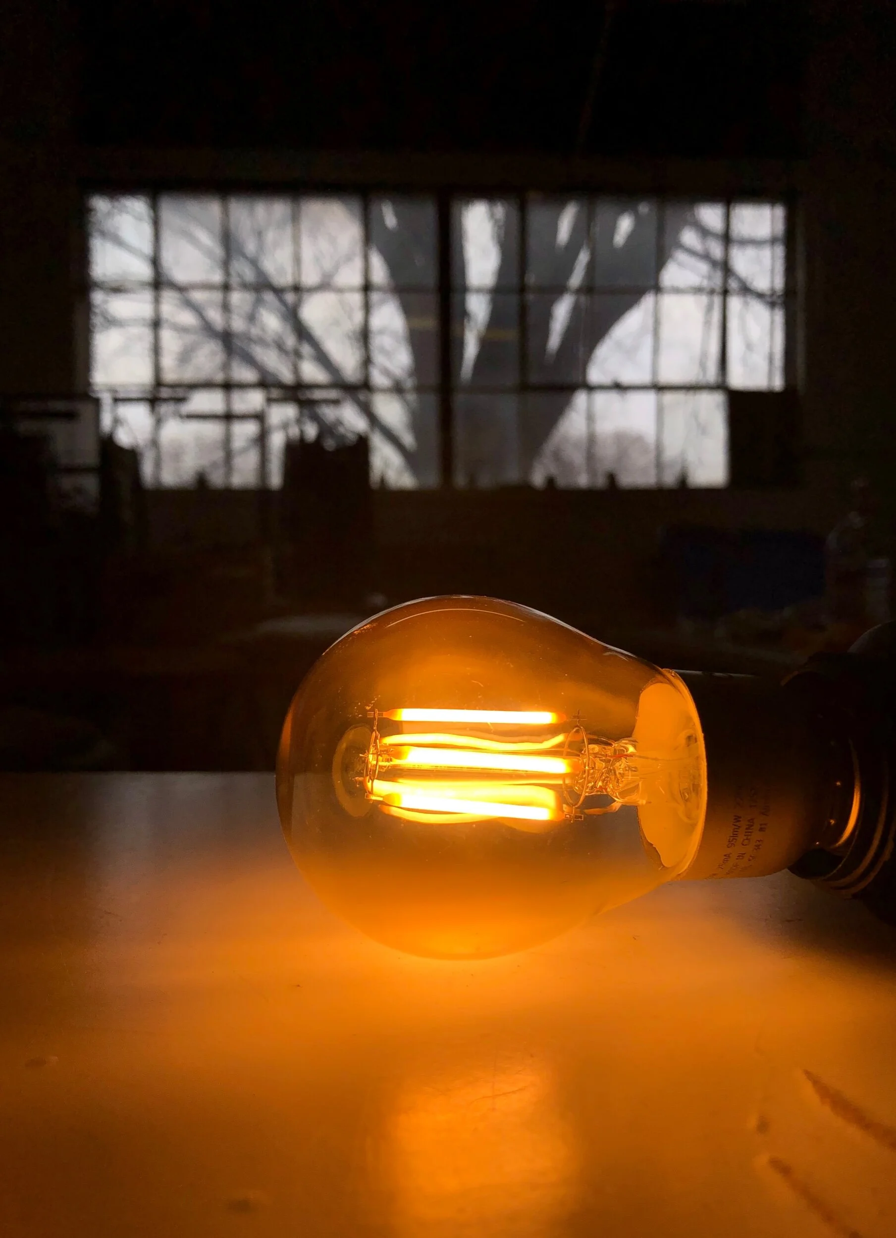 The image shows a glowing incandescent light bulb placed on a surface with a window in the background. The window has multiple panes and windowpanes, with trees visible outside.