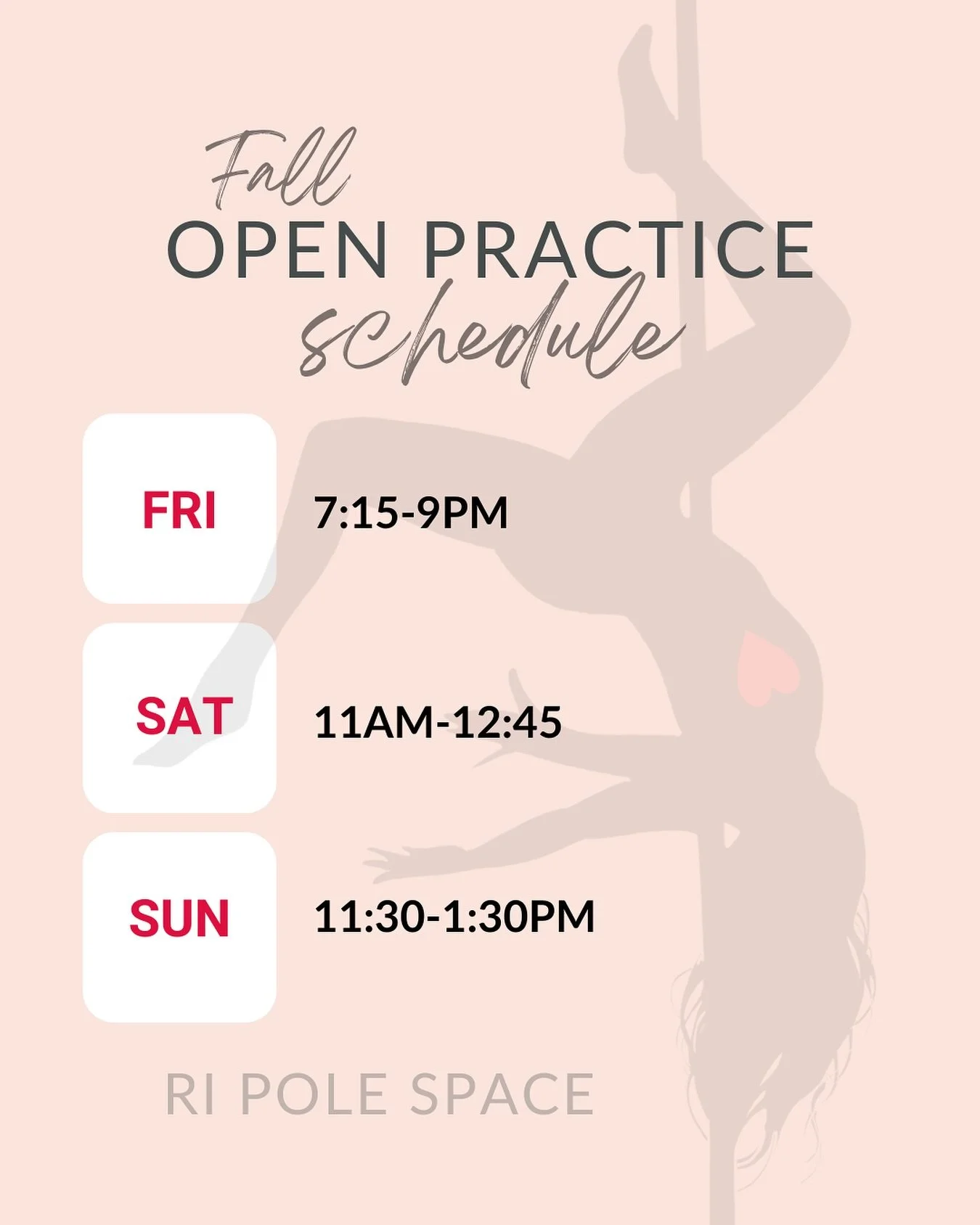 Here&rsquo;s our updated open practice schedule for the fall 🍂🍁💪💃